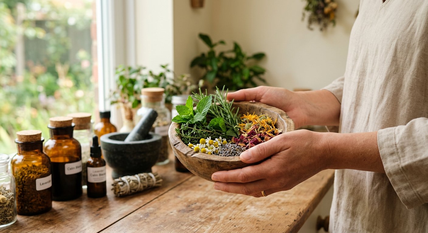 Practitioner holding a bowl of fresh herbs and botanicals