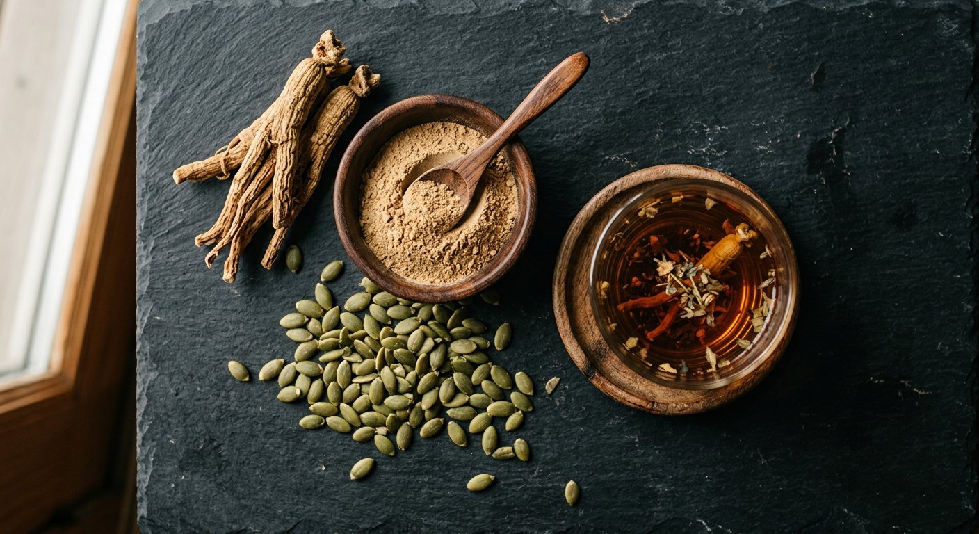 Ginseng, ashwagandha and pumpkin seeds representing men's and women's health