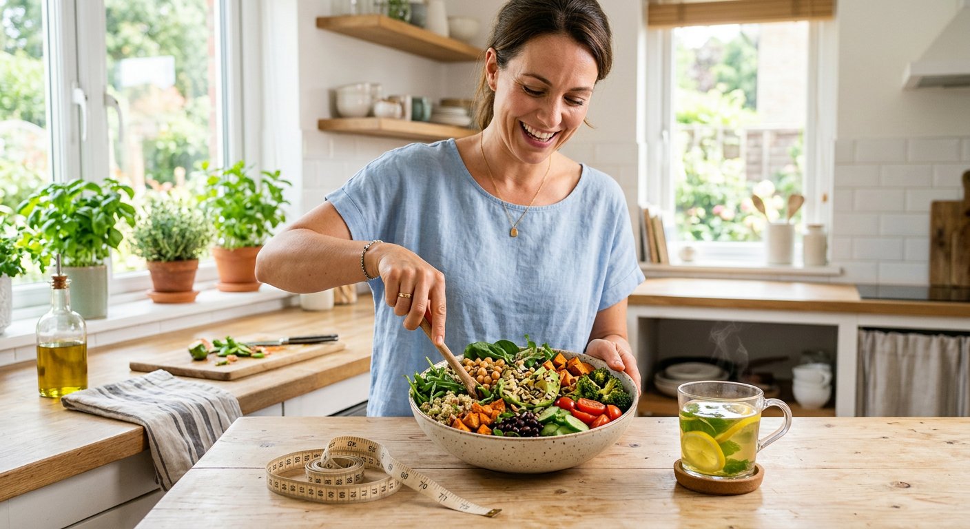 Green tea, lemon and fresh salad representing sustainable weight loss support